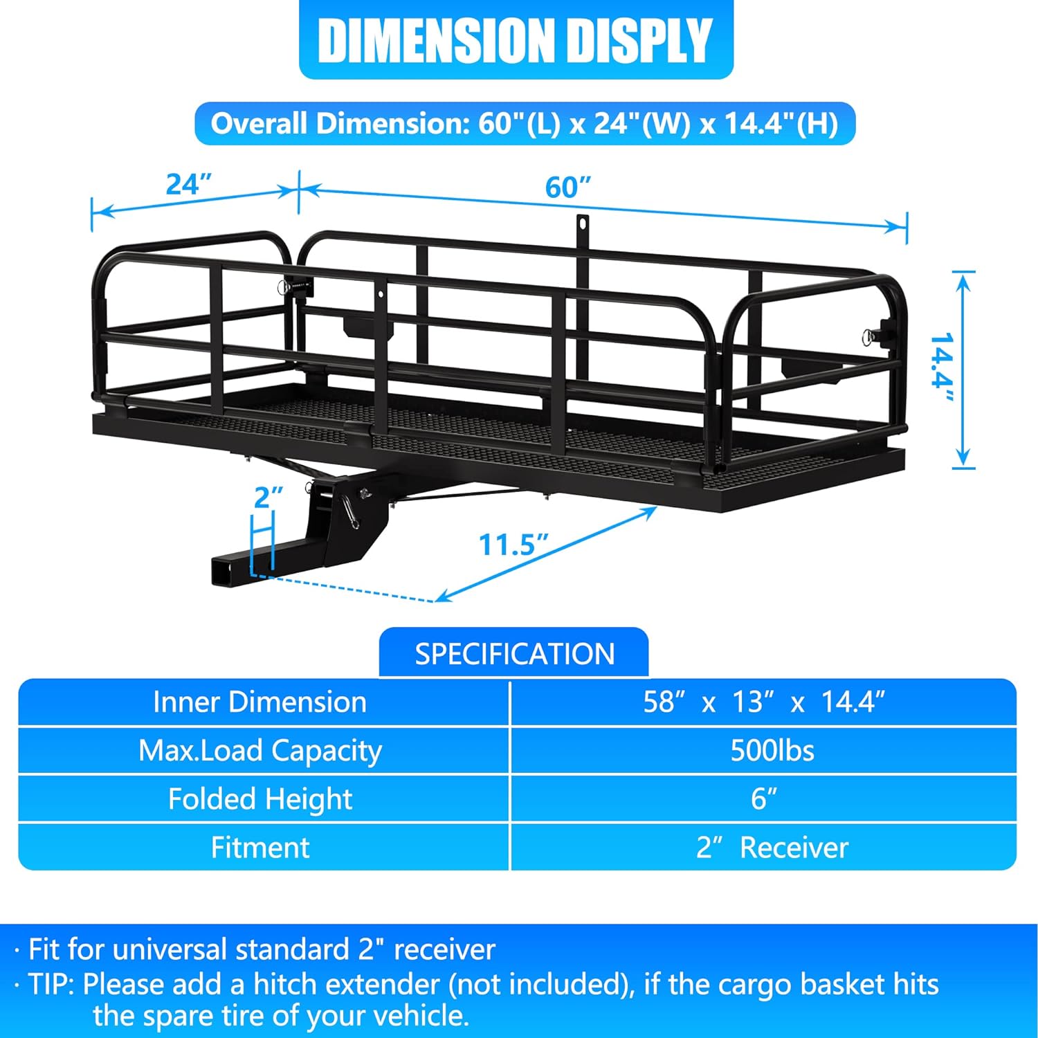 500 Lbs Heavy Duty Hitch Mount Cargo Carrier 60"x24"x14.4" Folding Rear Luggage Rack Basket Fits 2" Receiver for Car SUV Camping Traveling with Stablizer Waterproof Bag Net Ratchet Straps Lock