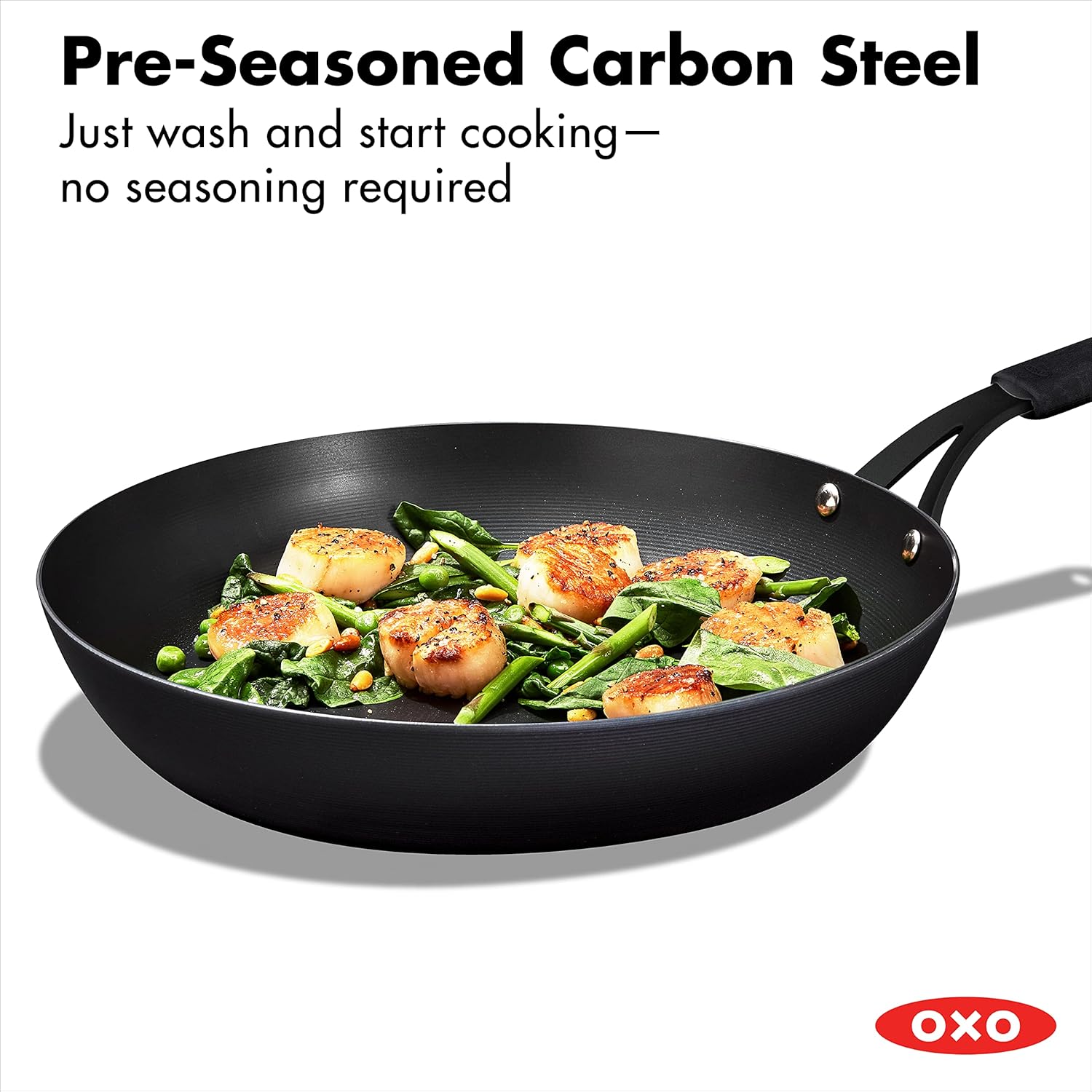 OXO Obsidian Pre-Seasoned Carbon Steel Induction Safe 12 Outdoor Frying Pan/Skillet with Silicone Sleeve, Black