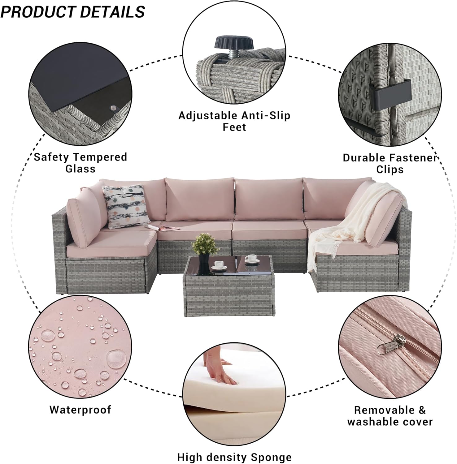 7 Piece Patio Furniture Outdoor Conversation Set, All-Weather PE Rattan Wicker Sectional Sofa w/Coffee Table & Thickness Cushion for Deck, Porch, Terrace, Beige