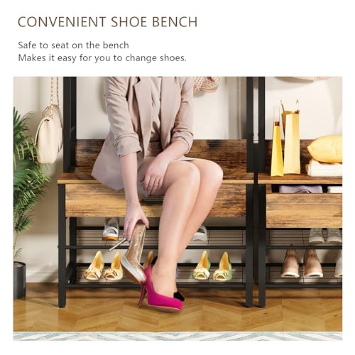 DKLGG Hall Tree with Bench and Shoe Storage for Entryway, 5-in-1 Coat Rack with Shoe Storage, Wood Look Accent Shoe and Coat Rack, Farmhouse Hall Tree with 12 Hooks for Mudroom, Bedroom, Living Room