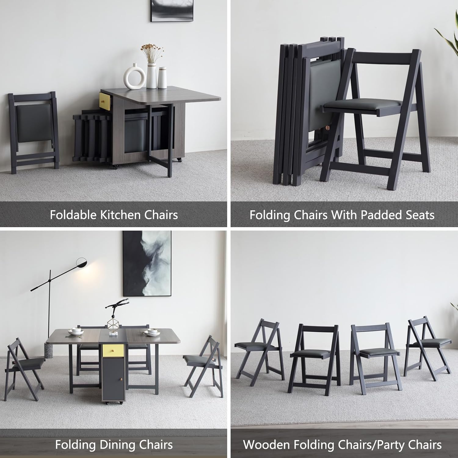 5-Piece Folding Dining Table and Folding Dining Chairs Set, Movable Space Saving Foldable Dining Table and Folding Chairs for Home, Kitchen, Dining Room (Table + 4 Chairs, Grey)