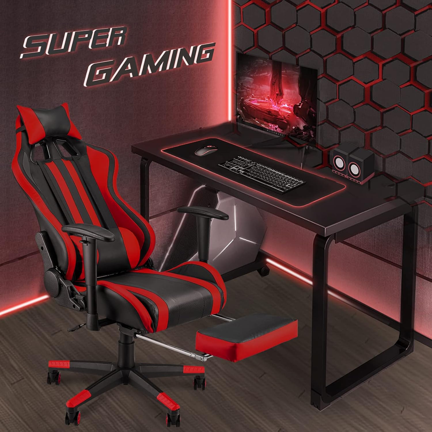 Soontrans Gaming Chair with Footrest,Ergonomic Office Chair,Computer Chair,Sillas Gamer Chair,Video Game Chairs with Backrest,Headrest and Lumbar Pillow for Adults(Black/Red)