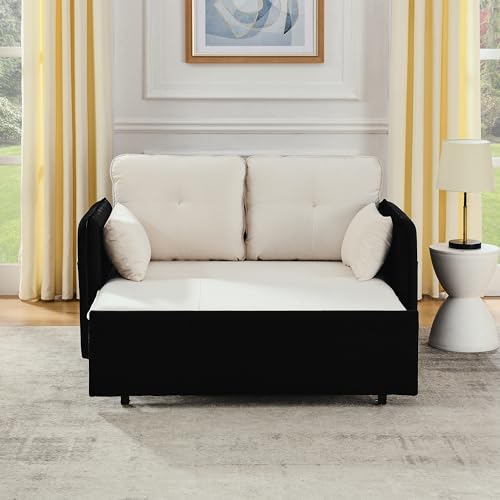 53" Convertible Sofa Bed-Velvet Pull Out Couch with Removable Armrests, 3 in 1 Loveseat Sleeper Sofa Bed, Queen Sleeper Sofa with USB Power Port, Sofa Cama Moderno with Side Pockets