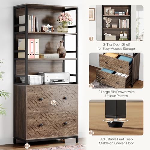 Tribesigns 2-Drawer File Cabinet, Vertical Lateral Filling Cabinet for Letter Size/A4 Size, Printer Stand with 3 Open Storage Shelves for Home Office (Brown)