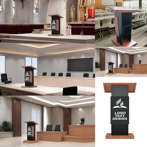 Customized Mobile Podium Stand-Personalized Logo& Text on Center Board, Portable Rolling Podium Business Wooden Lecture Podium Reception Desk Hostess Stand, Pulpit for Churches