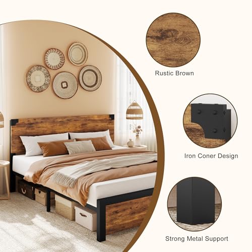 GAOMON Full Bed Frame, Platform Full Size Bed Frame with Wood Headboard, Metal Full Bed Frame with Under Bed Storage and Support Legs, Noise Free, No Box Spring Needed, Easy Assembly-Rustic Brown