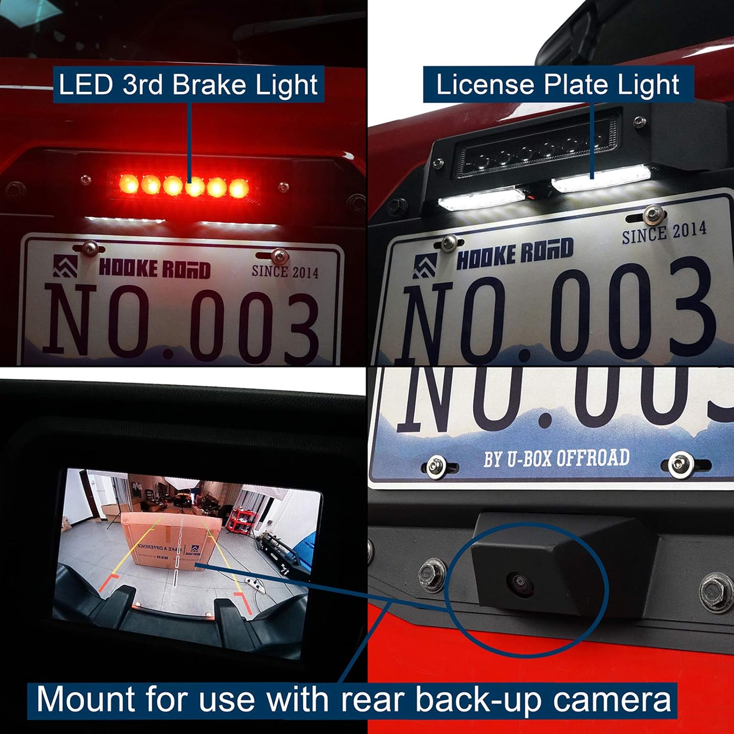 u-Box JL Wrangler Spare Tire Delete License Plate Relocation Kit w/Hole for Factory Back-up Camera & Plate Illuminate Light & Third Brake Light Compatible with Jeep Wrangler JL 2018-2022 Pack of 2