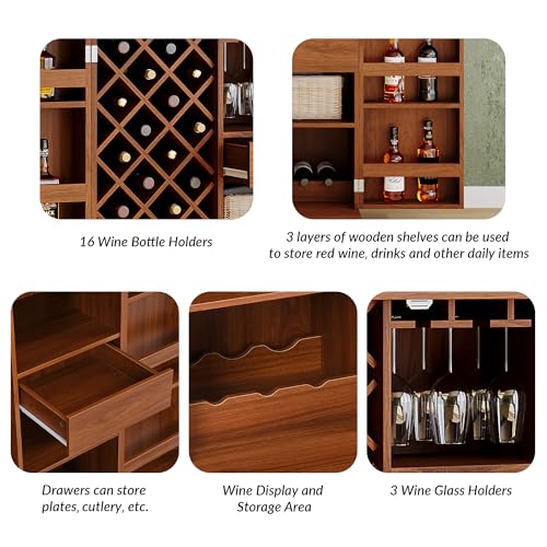 LUMISOL Bar Wine Cabinet with Storage, 42.5" Home Bar Cabinet, Carved Wine Sideboard with Wine Bottle Holders, Accent Storage Cabinet for Home Bar Living Room Dining Room, Natural