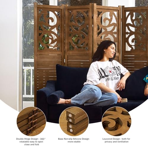 Room Divider Wood Carved Wall Divider Indoor Folding Portable Partition Screen for Home Office Garden Terrace - 6 Panel, 67 * 90inch (Dark Brown)