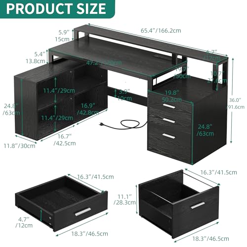 DWVO L Shaped Desk with Power Outlets & LED Lights, 65" Computer Desk with Drawers, Corner Desk Office Desk with File Cabinet & Printer Stand, Black