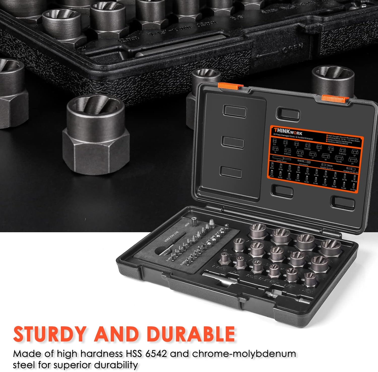 THINKWORK Damaged Screw Extractor Set & Bolt Extractor Set, HSS 6542 (68 HRC), 39-Piece Stripped Screw Remover, Lug Nut Remover for Removing Damaged, Frozen, Rusted, Rounded-Off Bolts, Nuts & Screws Pack of 2