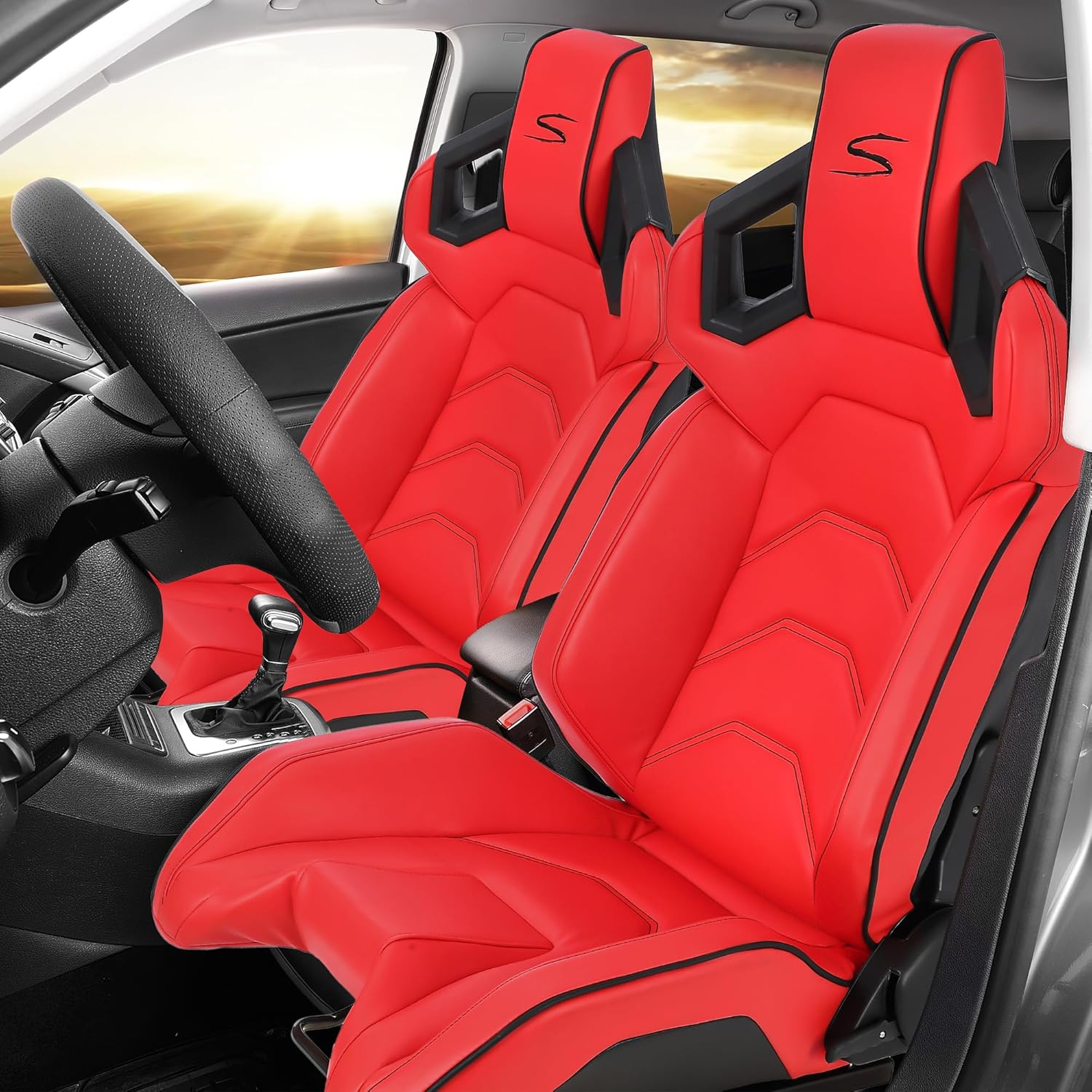 MAROUTE 1 Piece Universal Racing Seats with Dual Lock Sliders, PU Leather, Racing Bucket Seats, 23.6"×19.7"×37.4", Red+Black Stitching Racing Seat, Passenger Side