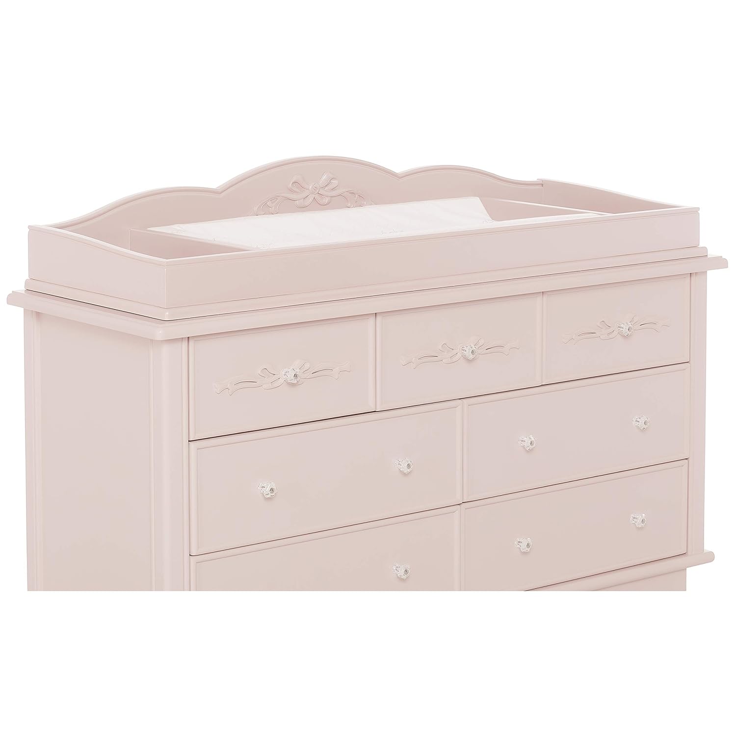 Evolur Aurora 5-in-1 Convertible Crib and Change Tray Set for Nursery Furniture Collection, Features Intricate Ribbon Bow Scrollwork