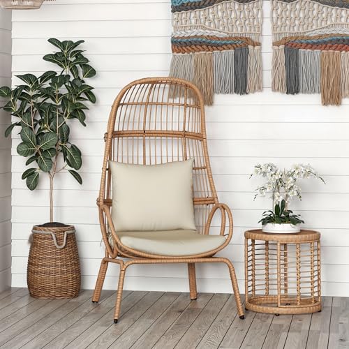 YITAHOME Outdoor Narrow Egg Chair, Patio Wicker Basket Chair with 370lbs Capacity Indoor Egg Chairs with Stand & Cushion Cocoon Chair for Bedroom, Patio, Balcony (Beige)