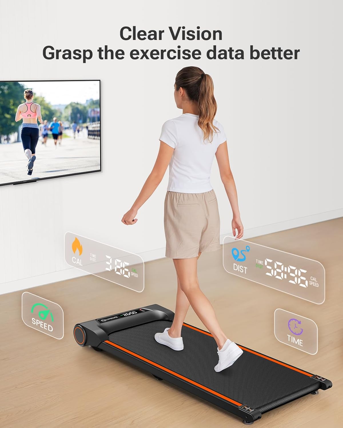 UREVO Under Desk Treadmill, Walking Pad for Home Office, Portable Walking Treadmill 2.25HP, Walking Jogging, Orange