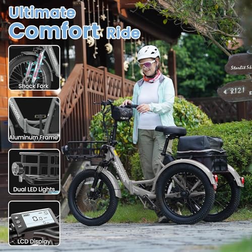 MOONCOOL Electric Tricycle for Adults, 500W/750W 48V 20" Folding Electric Trike Peak Power 1100W, 3 Wheels Electric Bicycle, Aluminum Frame Electric Tricycle with Large Basket and Removable Battery