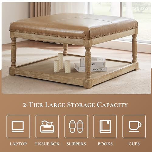 33-Inch Large Square Ottoman Coffee Table for Living Room, Leather Ottoman Foot Rest Stool, Upholstered Coffee Table with Storage Shelf for Bedroom, Studio, Office(Brown)
