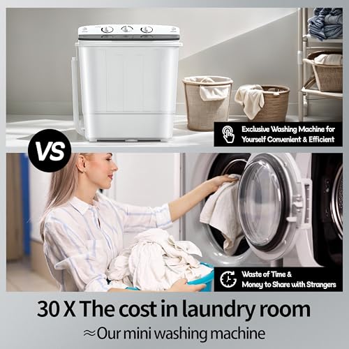 Portable Twin Tub 32lbs Washing Machine with Drying Rack&10 Hangers, 20lbs Washer Mini Compact Laundry Machine and 12lbs Spinner, Semi-automatic Washer Combo for Dorms, Apartment (32lbs)