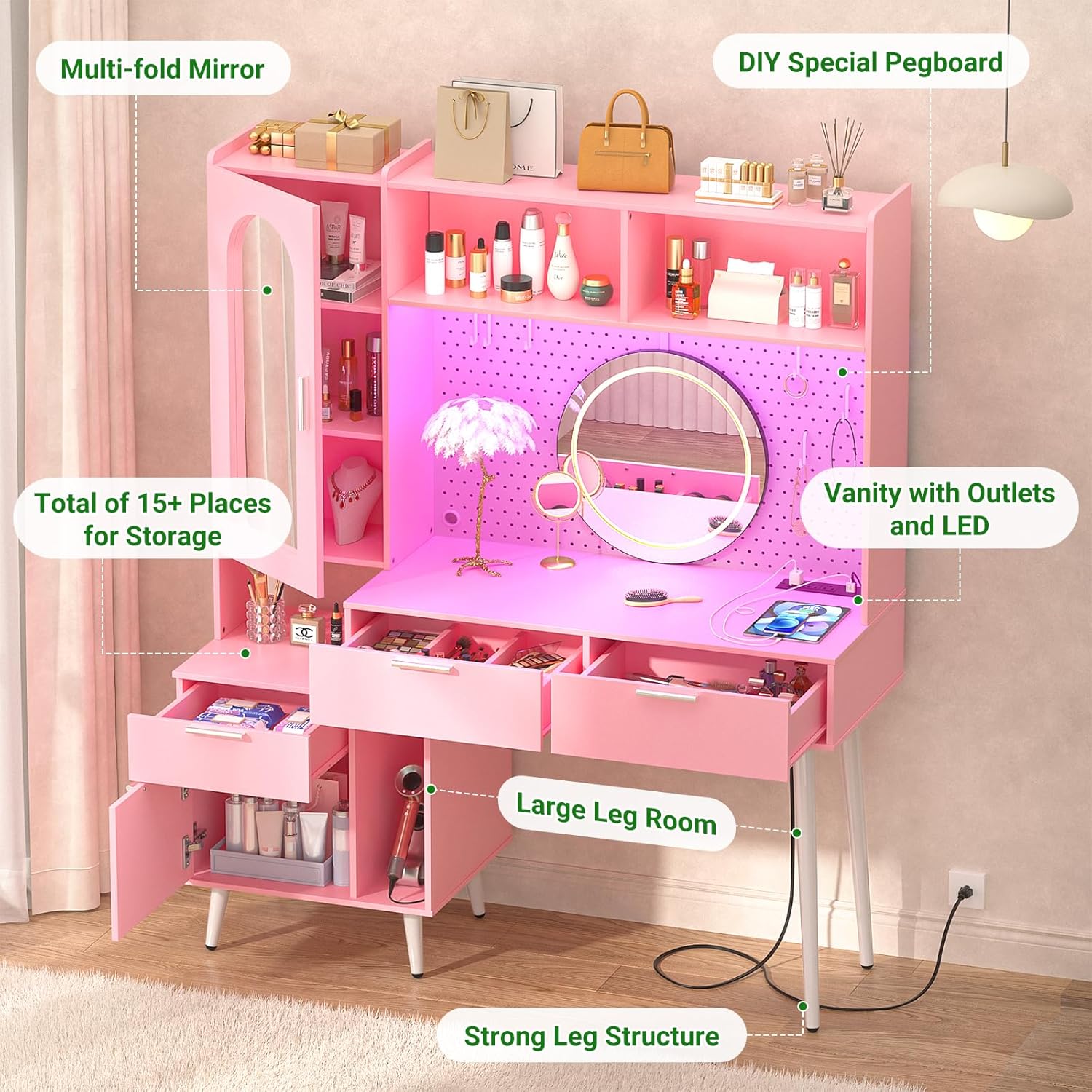 Homieasy Vanity Desk with Mirror & LED Light & Charging Station, 48 Inch Large Makeup Vanity with Ample Storage, Vanity Table with Drawers, Cabinet, Pegboard, Shelves, Storage Hutch, Pink