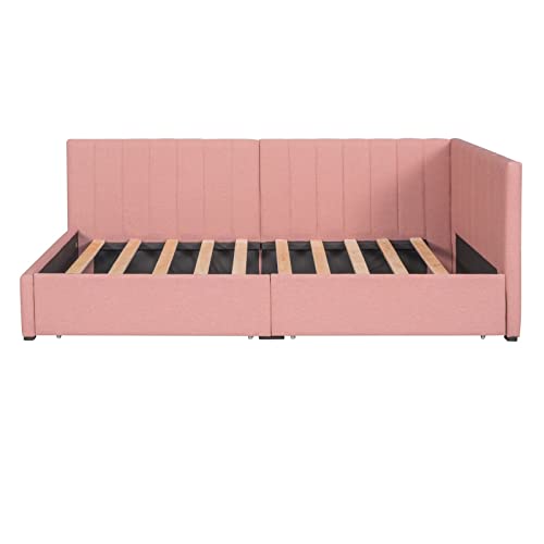 Upholstered Bed Frame with L-Shaped Headboard, Twin Size Daybed with 2 Storage Drawers and Solid Slats Support, Modern Tufted Sofa Bed for Living Room, Bedroom, No Box Spring Needed, Beige
