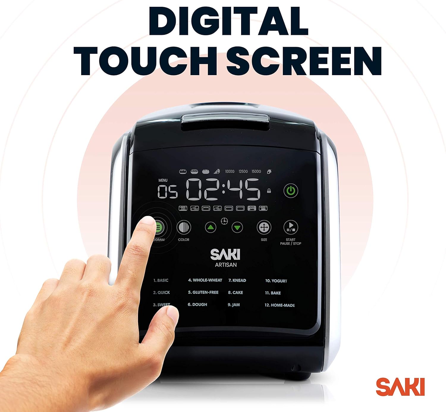 SAKI 3 LB Large Bread Maker Machine, 12-in-1 Programmable Large Bread Machine, with Nonstick Ceramic Bread Pan & Large Digital Touch Panel, 3 Loaf Sizes with 3 Crust Colors Options, Keep Warm Mode