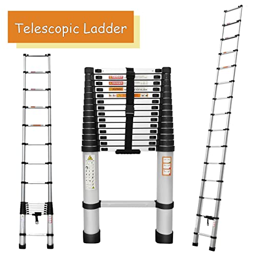 Telescoping Ladder 20.3ft Aluminum Extension Folding Ladder with 2 Hooks, 330lbs Max Load, with Anti-Slip Rubber Feet, Folded Height 3.4ft, Weight 36lbs, Portable Attic Ladder Easy to Transport
