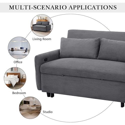 Merax Pull-Out Sofa Bed with Adjustable Backrest and Comfy Throw Pillows, 2 Seat Loveseat & USB Ports, 3 in 1 Convertible Couch Sleeper for Living Room, Apartment, Office, Small Spaces, Light Blue