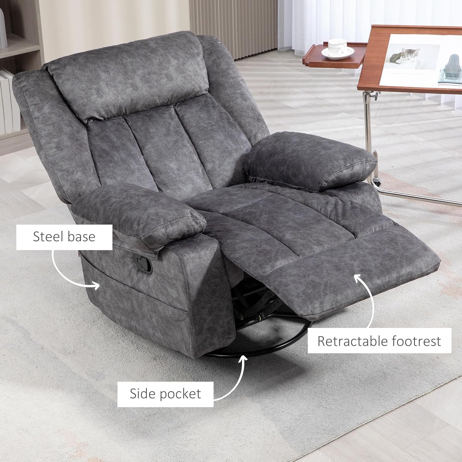 Swivel Rocker Recliner Chairs - Manual Recliner Chair with 360 Degree Swivel and Rocking Function, Gray Recliner Chair with Side Pockets and Metal Base, Heavy Duty Recliner for Living Room