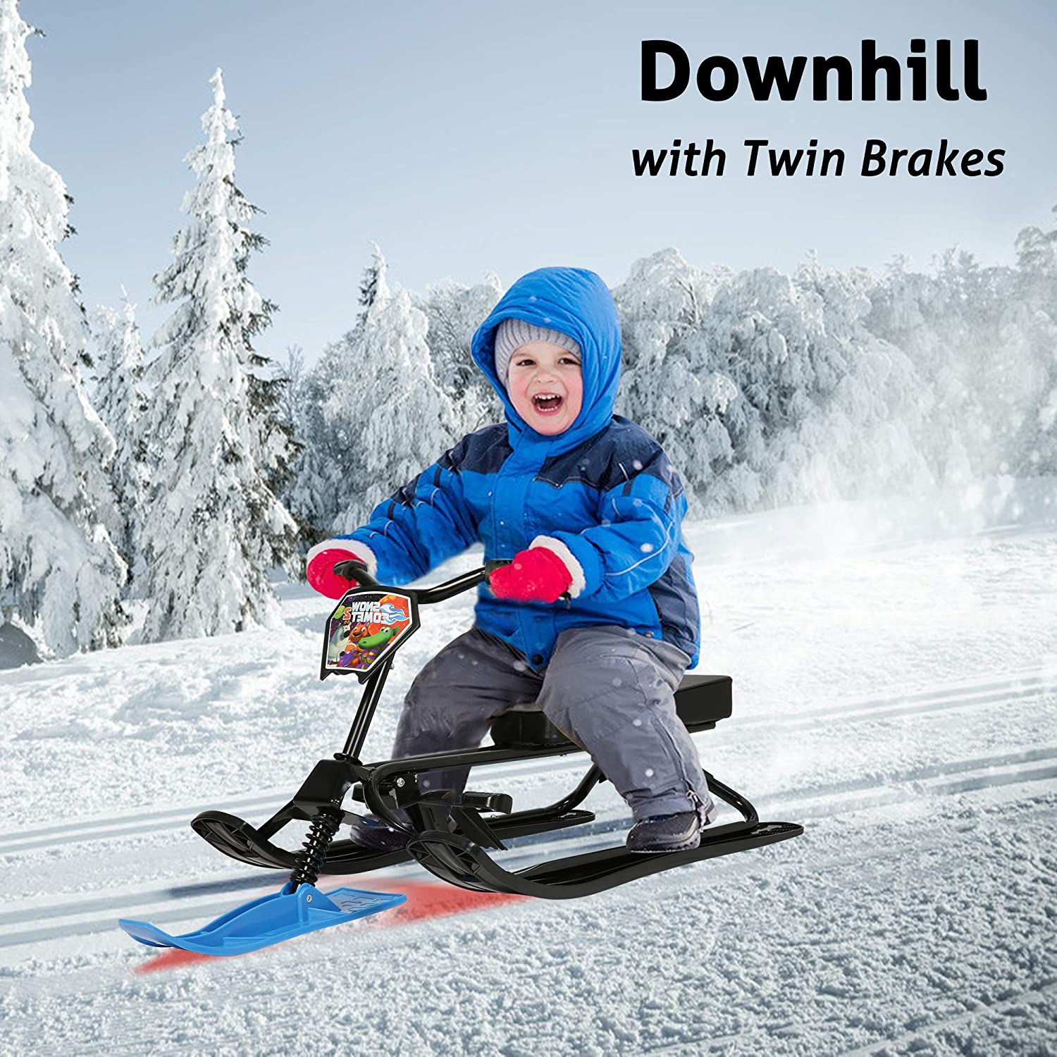 KARMAS PRODUCT Snow Racer Sled with Steering Wheel/Bicycle Handle and Twin Brakes, Kids Teens Winter Sport Ski Sled Slider Board for Downhill and Uphill
