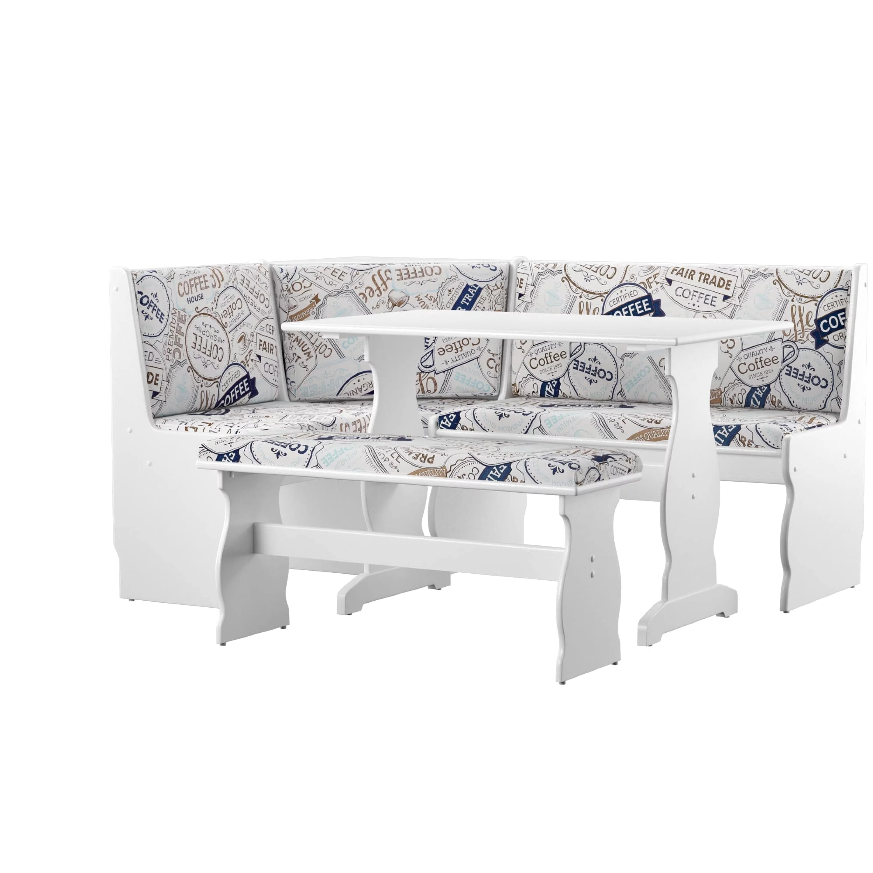 Linon Sasha Casual Dining Breakfast Nook with Corner Unit, Table, and Bench, 29.4" Table Height, Seats 5, White Finish with Coffee Patterned Fabric