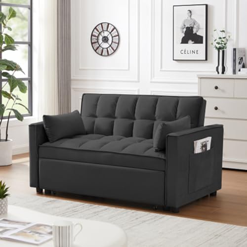 3 in 1 Convertible Sleeper Sofa Bed,Sectional Couches,Loveseat Sofa,Futon Sofa Couch Pullout Bed,Reclining Backrest,Fabric Furnitur,have Toss Pillows,Pockets,Pink