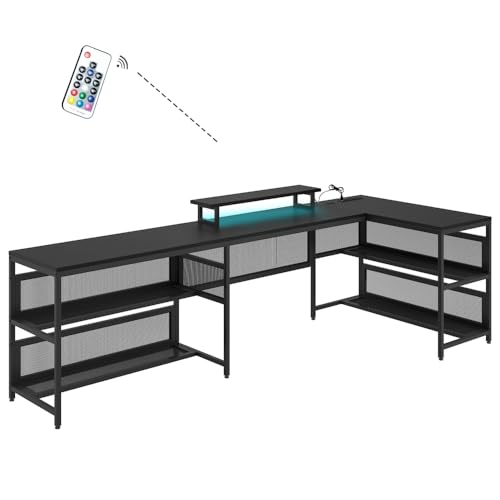 U Shaped Desk with Shelve & LED Lights, 82" Reversible L Shaped Desk with Drawers, 2 Person Corner Computer Desk Home Office Desk Gaming Table with Monitor Stand & Storage Shelves (Black + MDF)