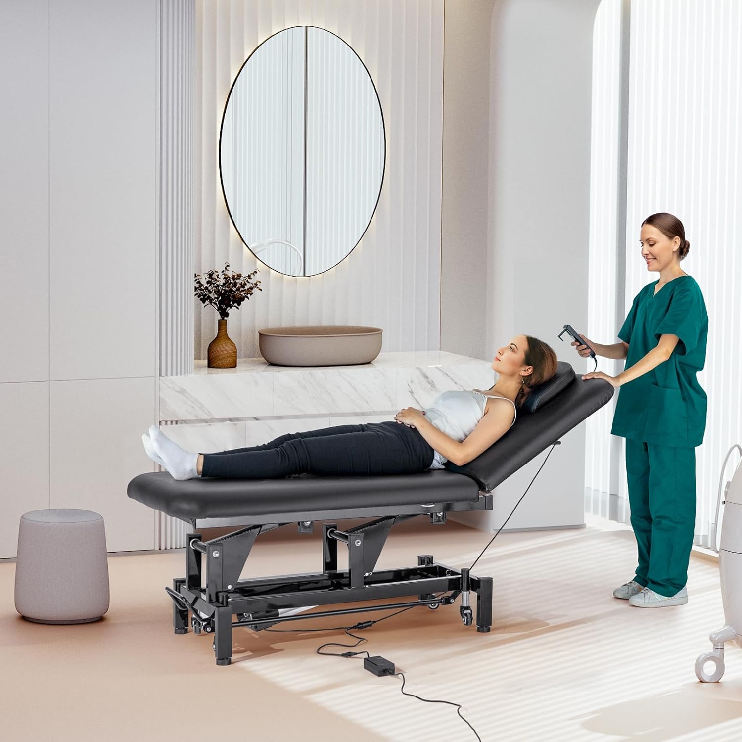 VEVOR Professional Electric Massage Table, 0-45° Adjustable Backrest Medical Table Beauty Bed, Height Adjustable Tattoo Spa Table on Wheels, Electric Lift Massage Table with Headrest, 550LBS