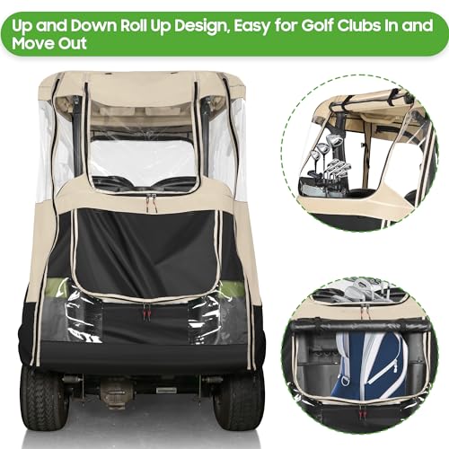 10L0L Golf Cart Driving Enclosure for 2 Passenger Club Car Precedent, Onward & Tempo, 600D Deluxe Heavy Duty Oxford Cloth Waterproof Windproof Golf Cart Rain Cover (Black/Beige)