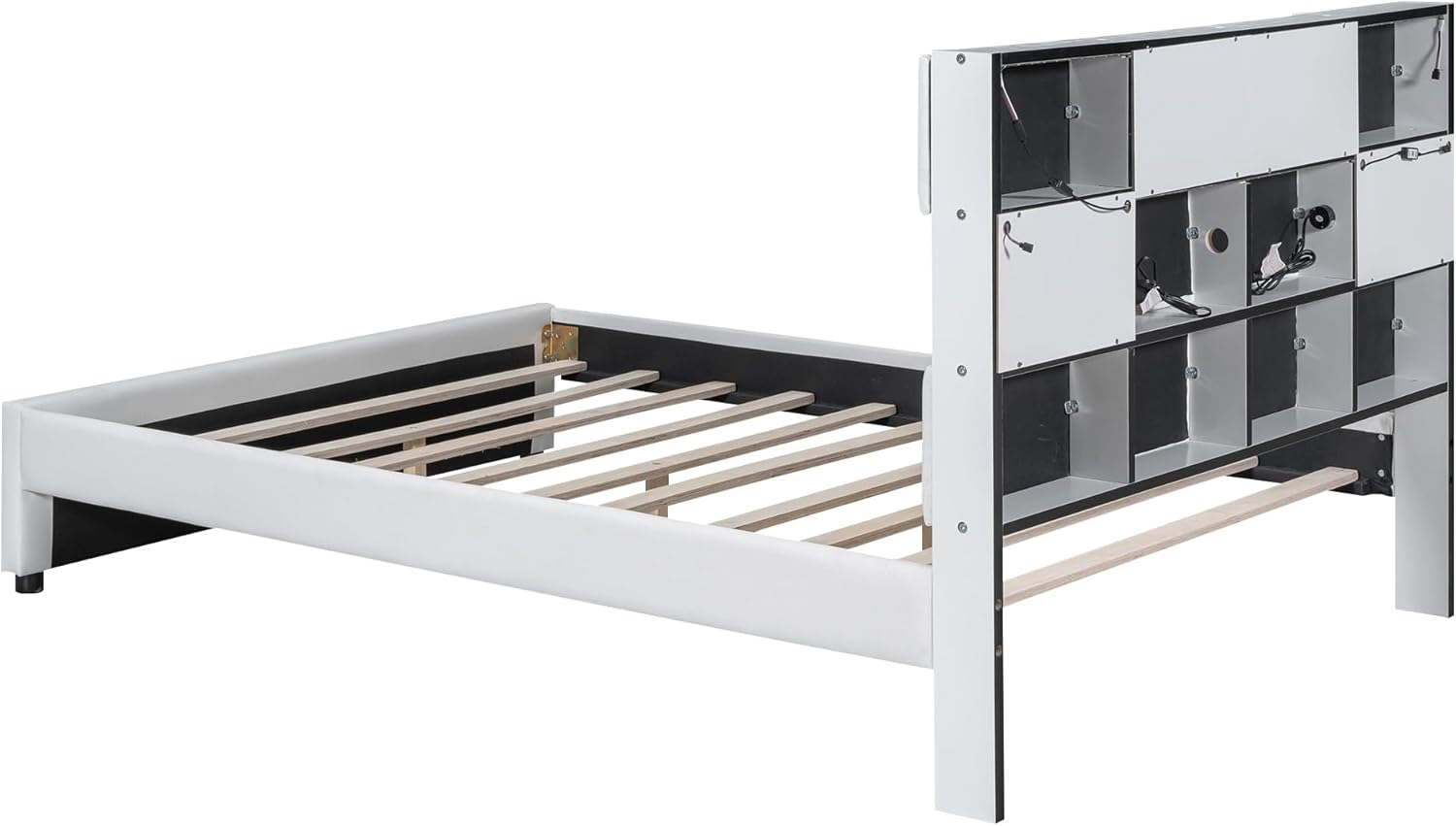 Full Size Bed Frame with Storage Headboard, Upholstered Platform Bed with USB Port & LED Lights, No Box Spring, Beige