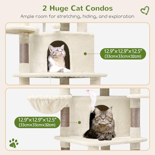 Globlazer Corner Cat Tree for Large Cats, 66inch Tall Curved Series Large Cat Tower for Multiple Indoor Cats with 6 Scratching Posts, 2 Spacious Cat Condos, Hammock, Hanging Basket, C66, Beige