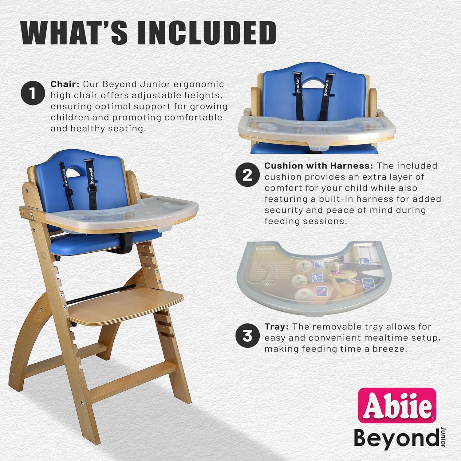 Abiie Beyond Junior Natural Wood/Blue Cushion Convertible 3-in-1 Wooden High Chairs for 6 Months to 250 lbs, and Ruby Wrapp Sage Green Waterproof Silicone Bibs with Front Pocket - Baby Essentials