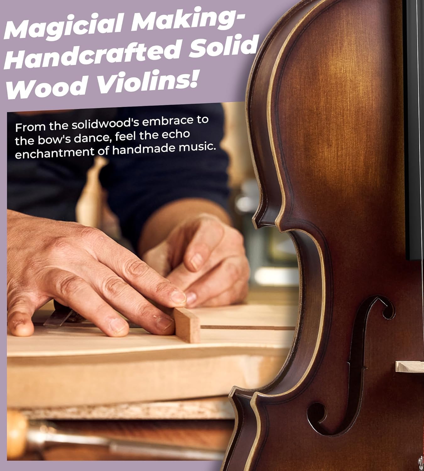 Vangoa Solid Wood Violin 4/4 Full Size Set Fiddle Handmade Varnish, Handcrafted Hardwood Starter Acoustic Violins Kit with Lightweight Hard Case for Beginners, Students, Teens, Adults, Right Handed