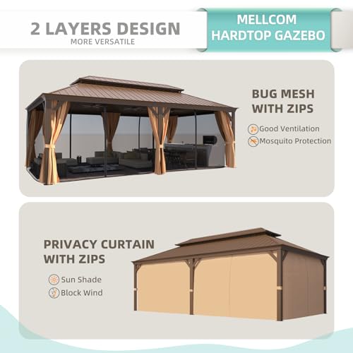 MELLCOM 12'x16' Hardtop Gazebo, Galvanized Steel Metal Double Roof Canopy with Curtains and Netting, Brown Permanent Pavilion Gazebos with Aluminum Frame for Garden, Patio, Lawns, Deck