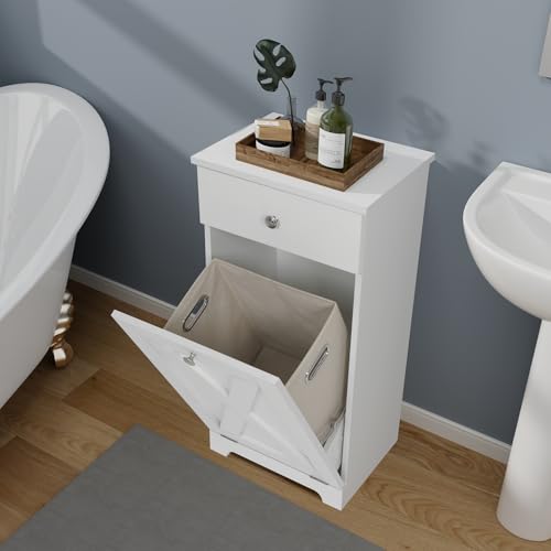 Puluomis Tilt Out Laundry Hamper Cabinet-Free Standing Kitchen Bathroom Laundry Cabinet-Wooden Bathroom Storage Cabinet with Drawer-White