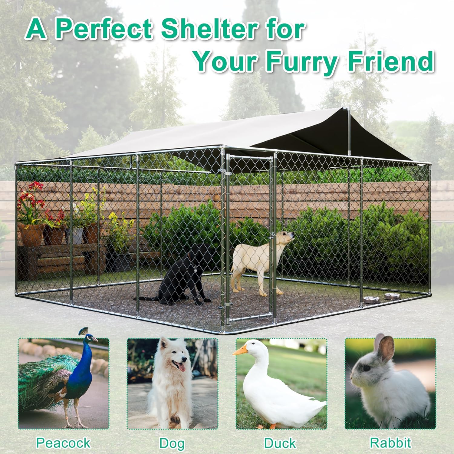 Large Outdoor Dog Kennel with Roof, Chain Link Enclosure Pen Dogs Cage Fence House with Lock, Anti Rust Weather Resistant Galvanized Steel for Backyard, 177.6 x 177.6 x 91.2 Inch