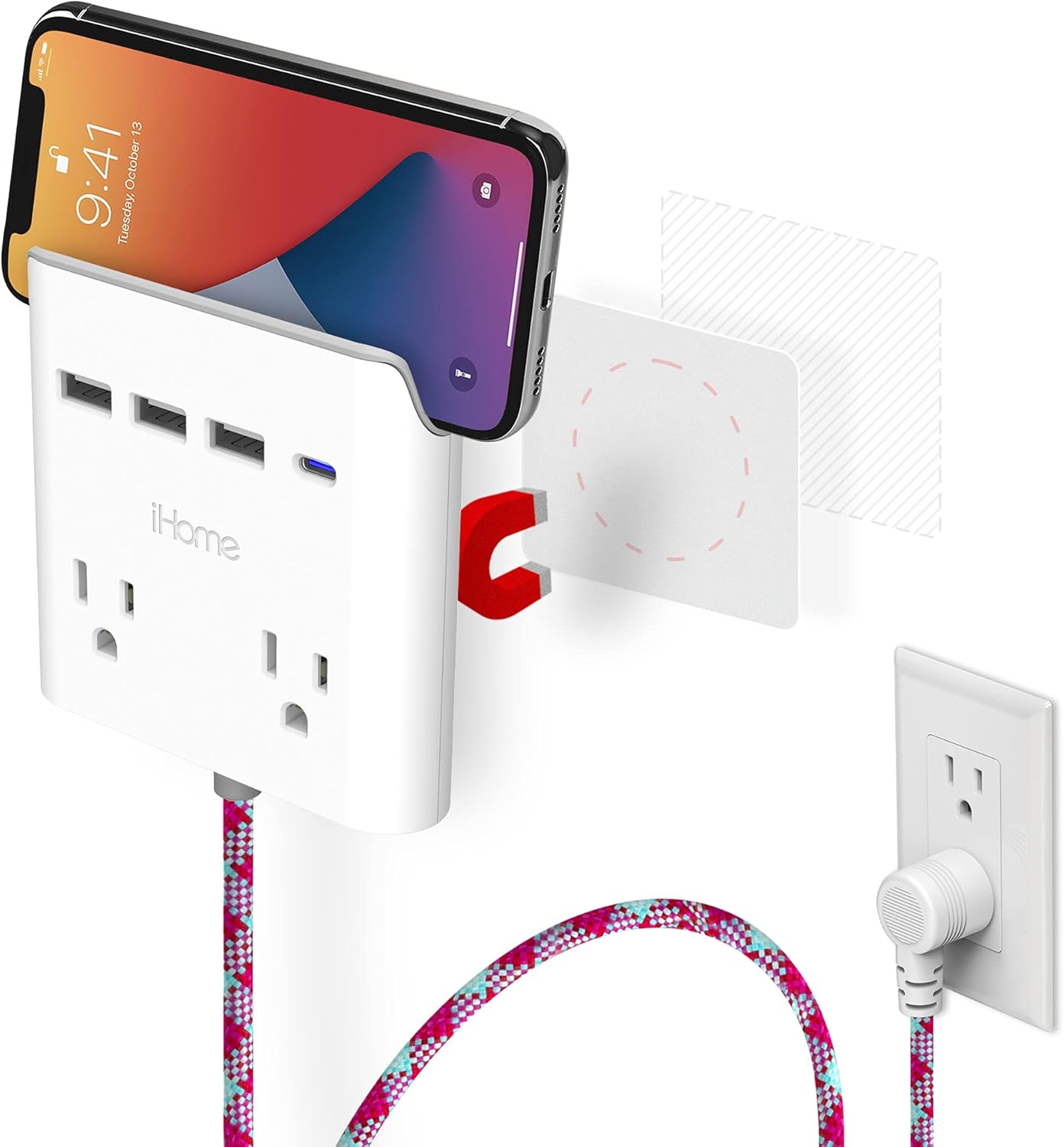 iHome Power Reach Multiple Plug Outlet Extender with 2 Outlets, 4-Port USB Wall Charger (1 USB C, 3X USB A), 6 Ft Extension Cord and Magnetic Wall Mount (Red/Green Cable) Pack of 2