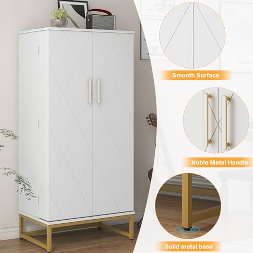 51” Pantry Cabinets, White Freestanding Kitchen Pantry Storage Cabinet with Adjustable Shelves, Buffet Cupboards Storage Cabinet for Home Office Use, White + Gold