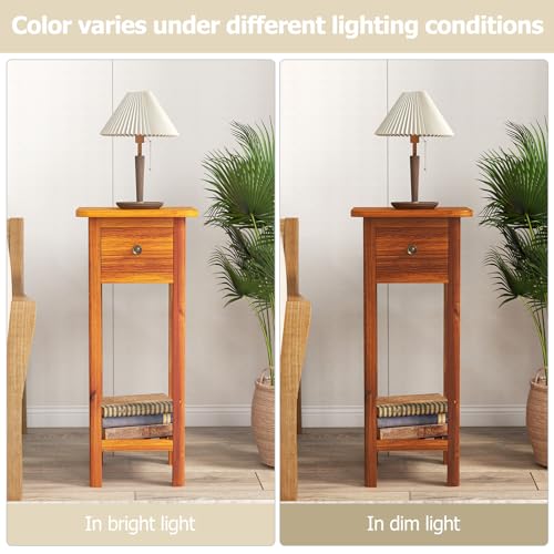 GORELAX Narrow End Table, Tall Nightstand with Drawer & Shelf, Small Bedside Table w/Anti-Tipping Device, No Assembly, Wooden Small Sofa Side Table for Small Space, Living Room, Bedroom (2, White)