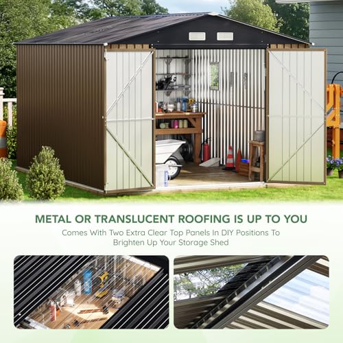 10X12X7.5 FT Outdoor Steel Storage Shed with Lockable Doors, 2 Windows, Transparent Roof Panels (Wood Panels & Frame Floor Not Included), Ideal for Patio Storage,Garbage Can, Chicken Coop，Brown