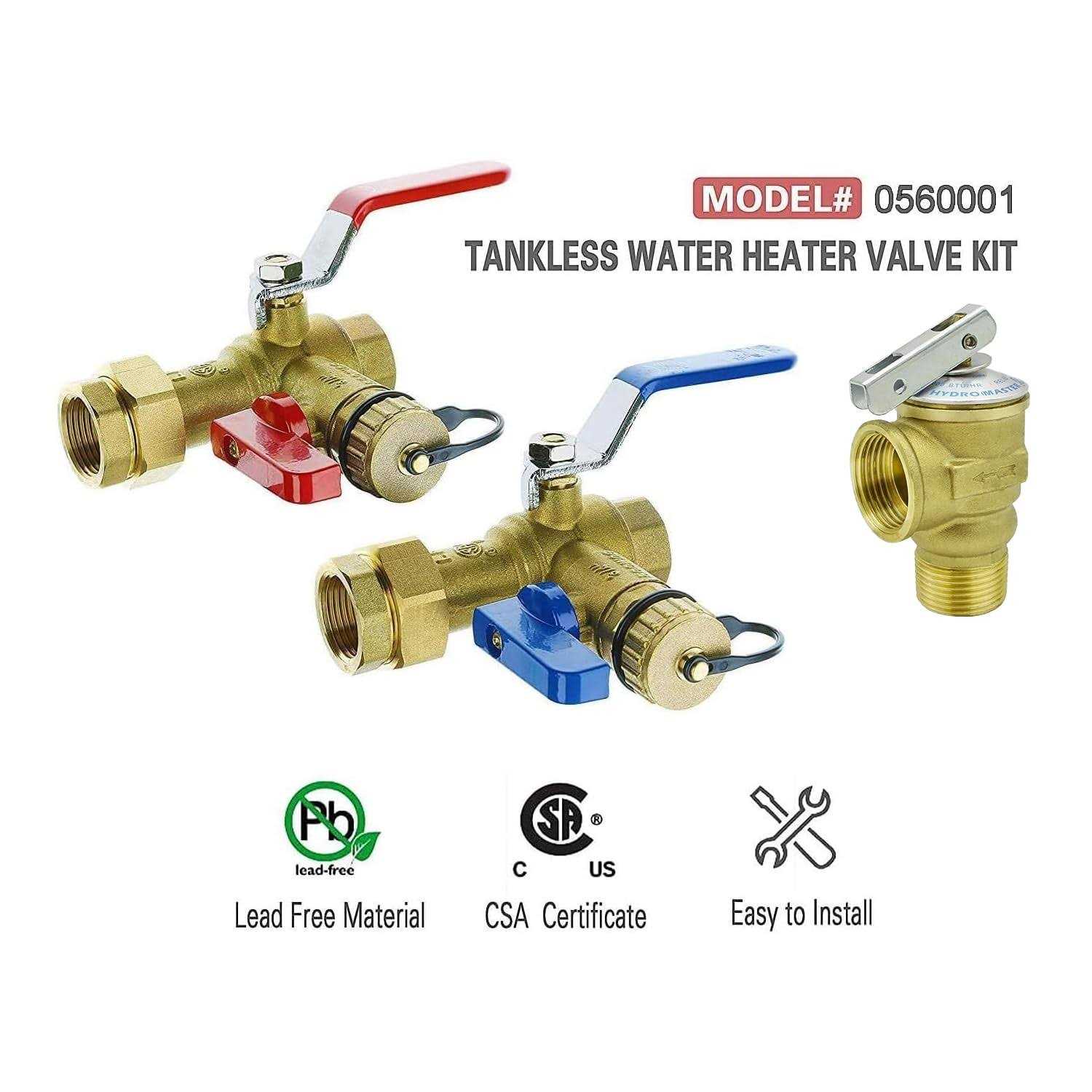 Hydro Master 3/4inch IPS Isolator Tankless Water Heater Service Valve Kit with Pressure Relief Valve