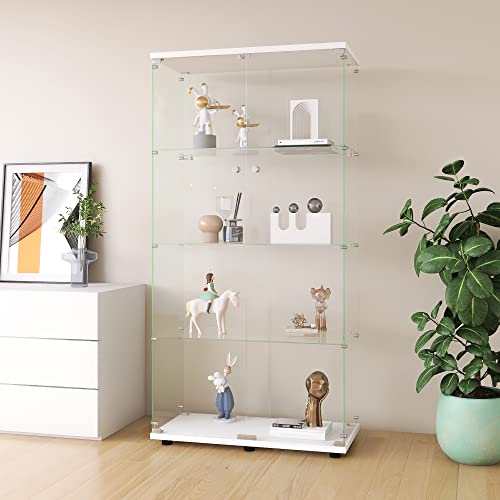 Glass Display Cabinet with Door, Floor Standing Curio Bookshelf for Living Room Bedroom Office (BLACK, 4 Shelf Double Door)