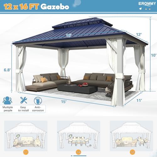 EROMMY 14'x20' Hardtop Gazebo Double Roof Galvanized Steel Canopy Outdoor Aluminum Frame Permanent Metal Pavilion with Netting and Curtains for Patio Backyard Deck and Lawns