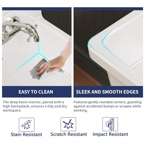 ELLAI White Ceramic Farmhouse Kitchen Sink 24"x19"x16.5" Farm Style Wall Mount Utility Sink High Back Floating Bathroom Sink Wall Mounted Laundry Sink with 8 Inch Center Faucet Chrome with Soap Tray