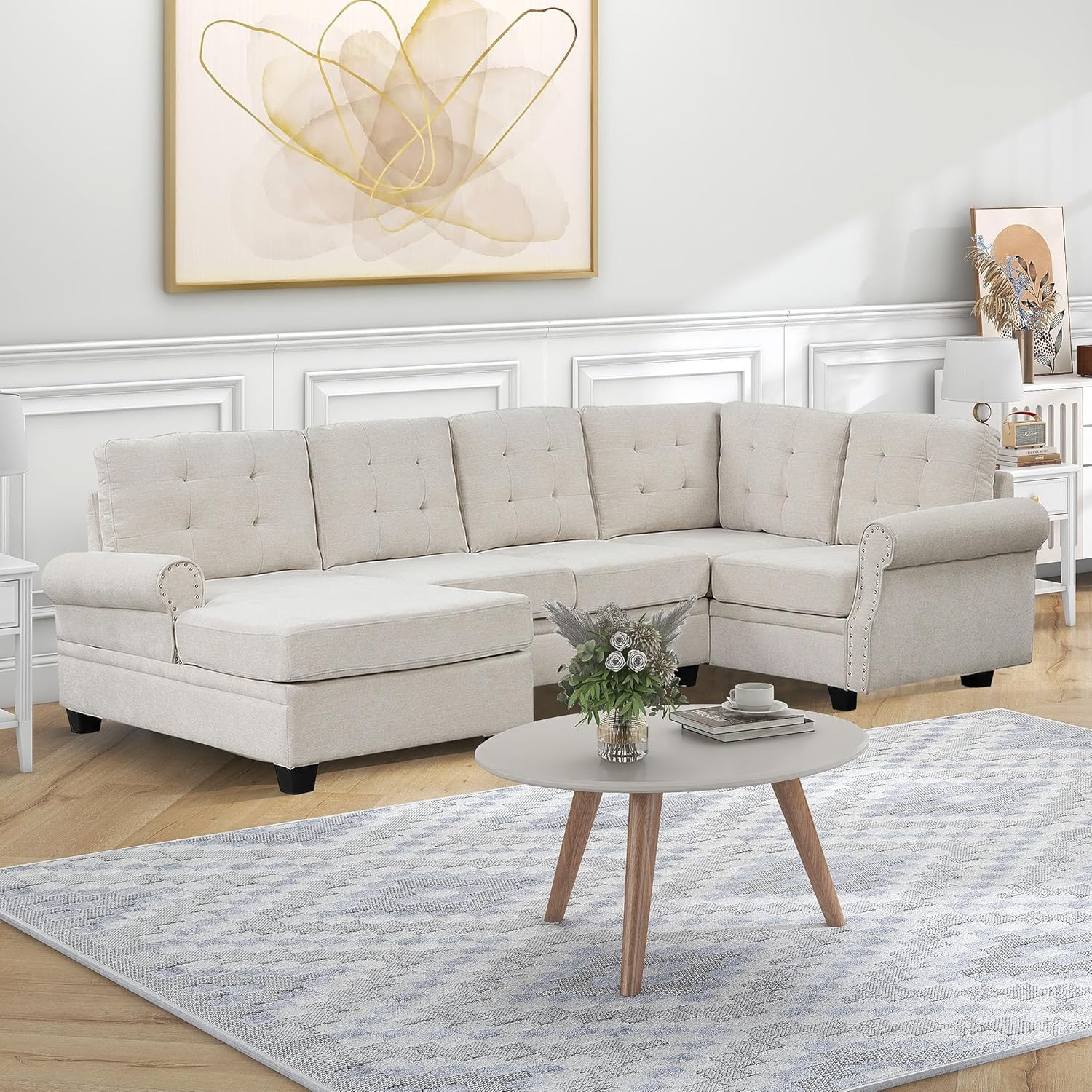120" Corner Sectional U-Shaped Oversized, Upholstered Modern Tufted Backrest and Nailhead Trim Armrest, Space-Saving Linen Fabric Sofa Couch for Living Room,Bedroom,Beige